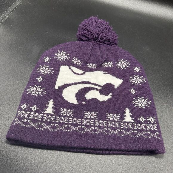 K State Wildcats Beanie Unisex One Size Purple Snowflake Pull On Puff Ball Knit - Picture 2 of 4